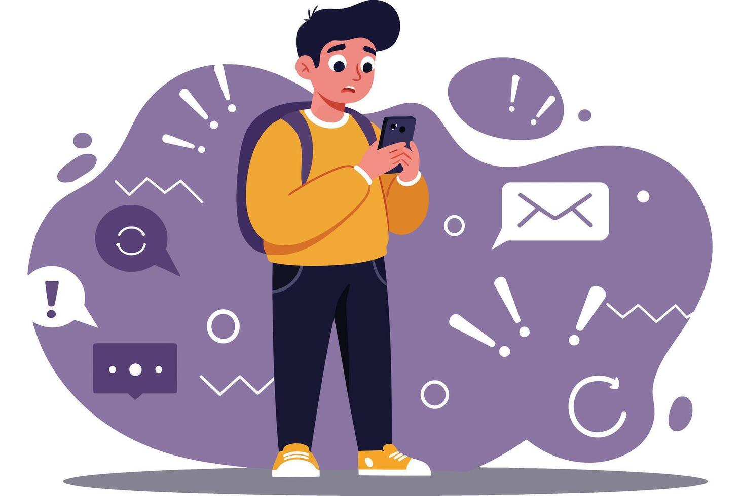 Young man using smartphone surrounded by digital icons and notifications with purple background technology illustration vector