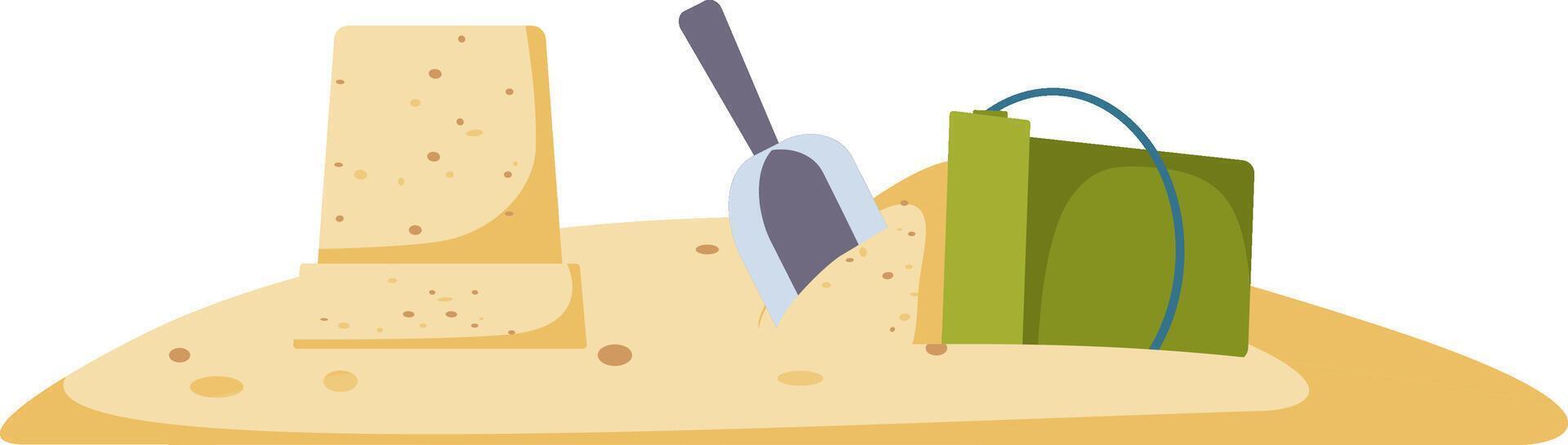 Sand sculpture, children's bucket and shovel on the beach. Hand drawn simple illustration. vector