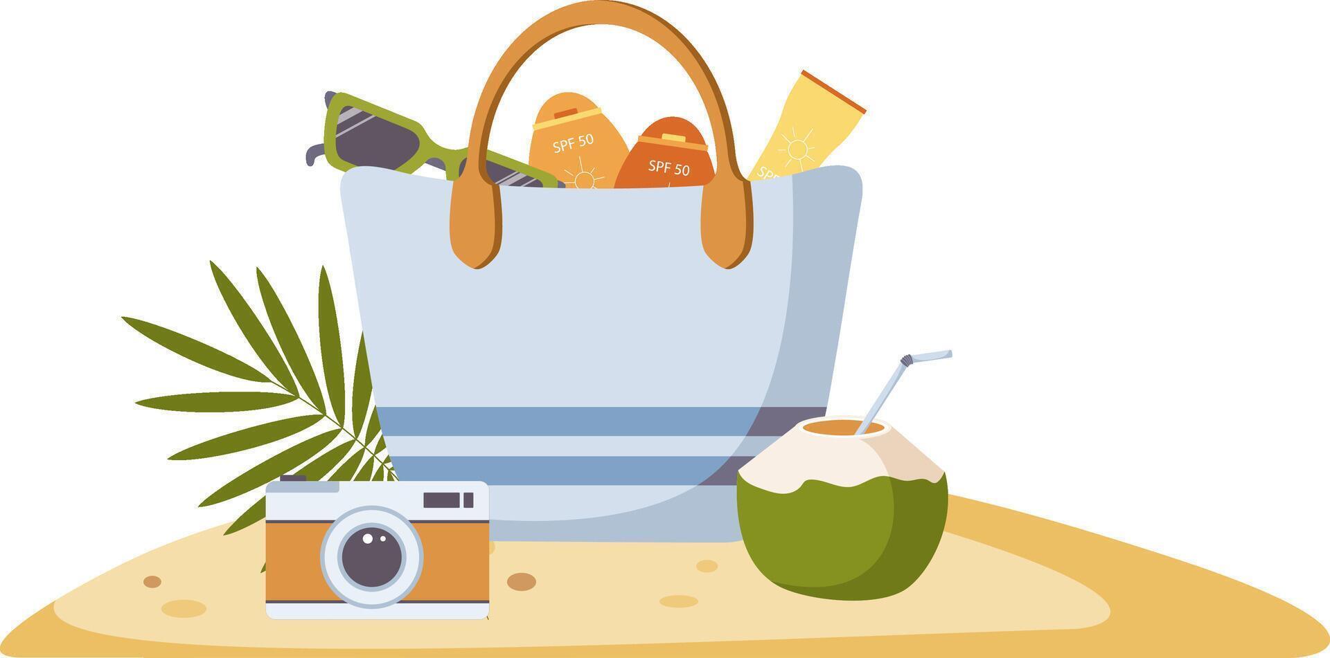 Beach bag with sunscreen and camera vector