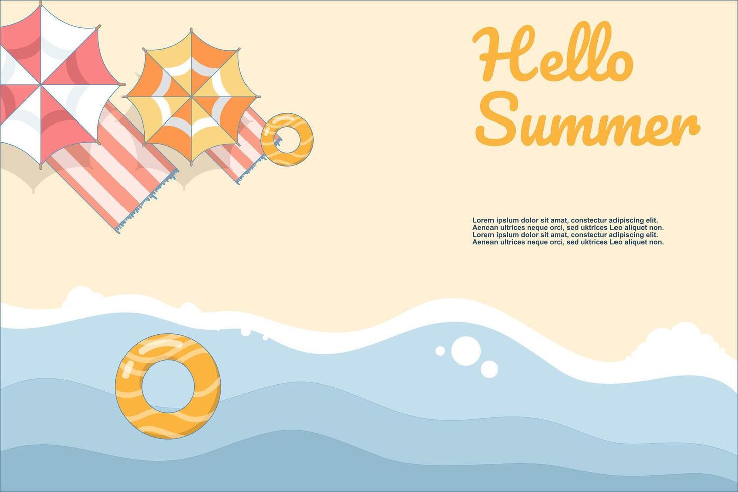 Summer themed illustration, with beach and umbrella and beach. summer illustration with beach stuff, float, surfboard and waves. Flat design illustration on background. vector