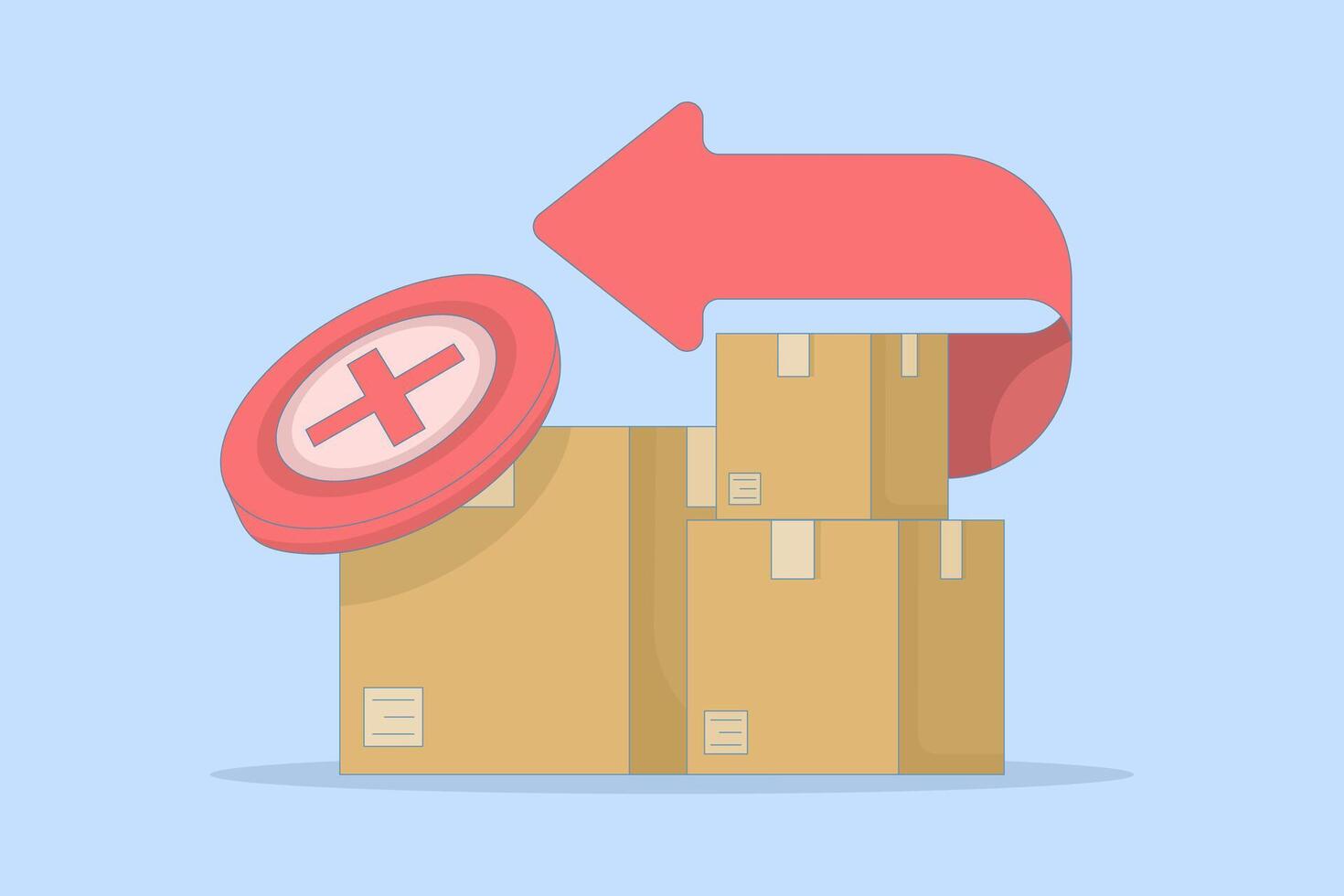 Concept of return, cartoon delivery error, red X cross symbol, failed package receipt, order cancellation. Illustration for shipping infographics. Icon and cardboard box. vector