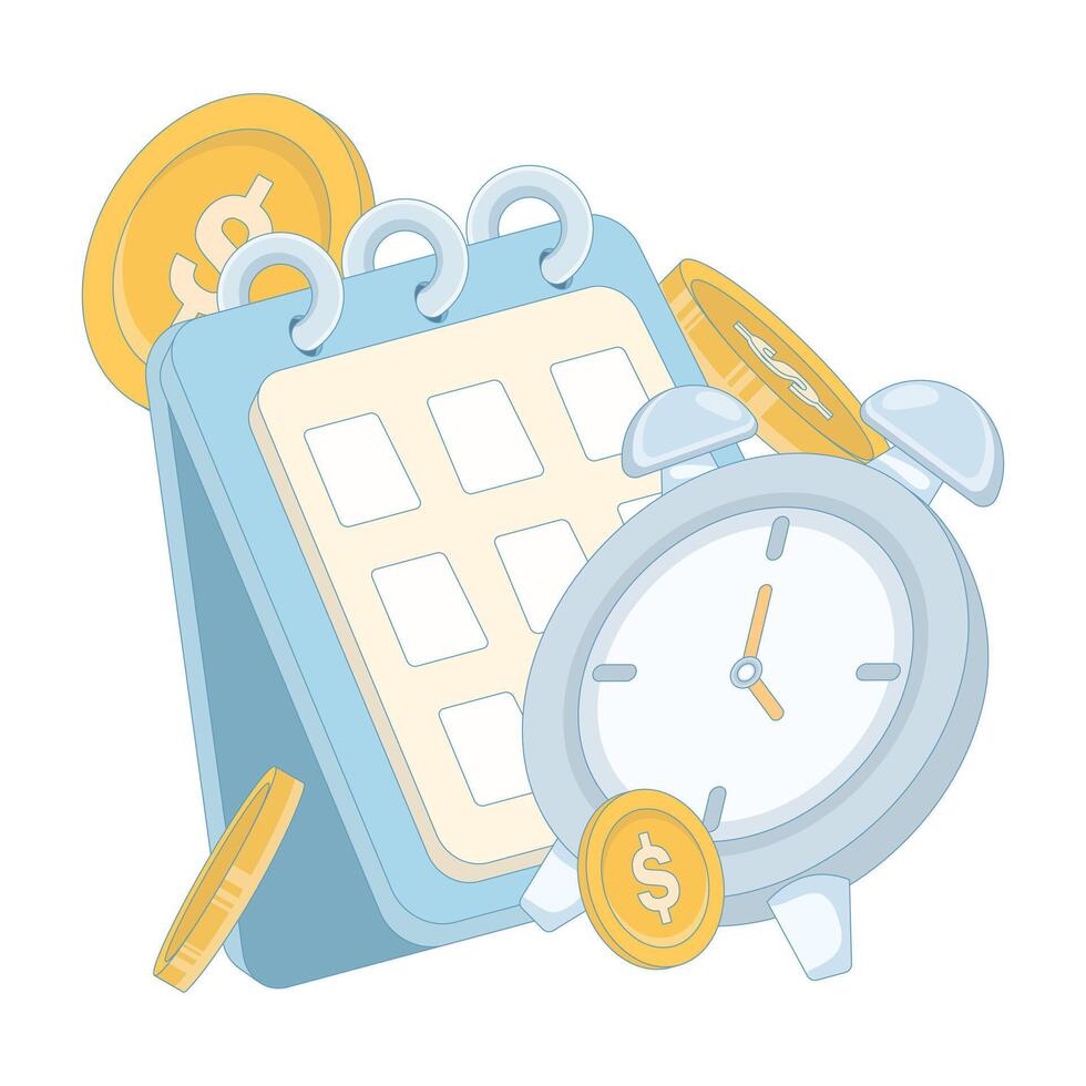 concept of timely payment planning. Calendar and alarm clock with gold coins around it. reminder for timely payment for services. Reminder for utility payments. flat design. vector