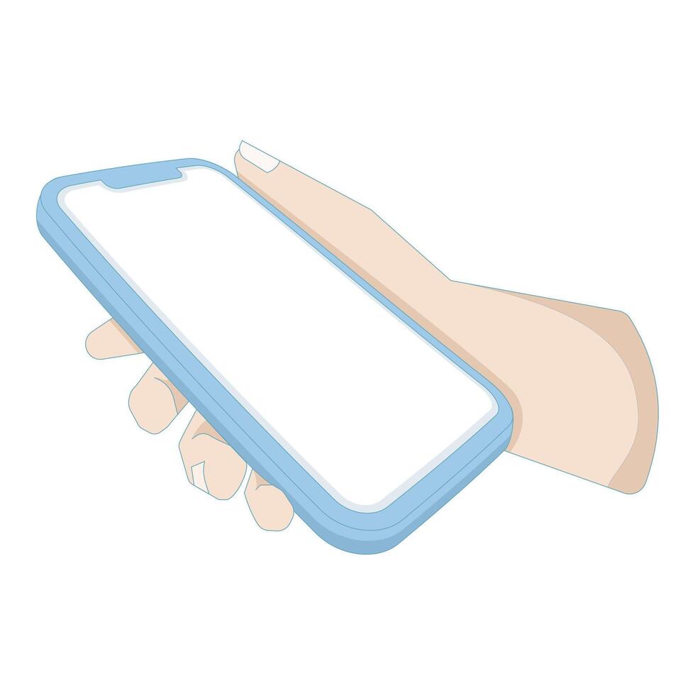 illustration of phone in hand. Mobile phone screen in hand. blank smartphone display, showing recommendation, advertising mobile app. flat illustration isolated on background. vector