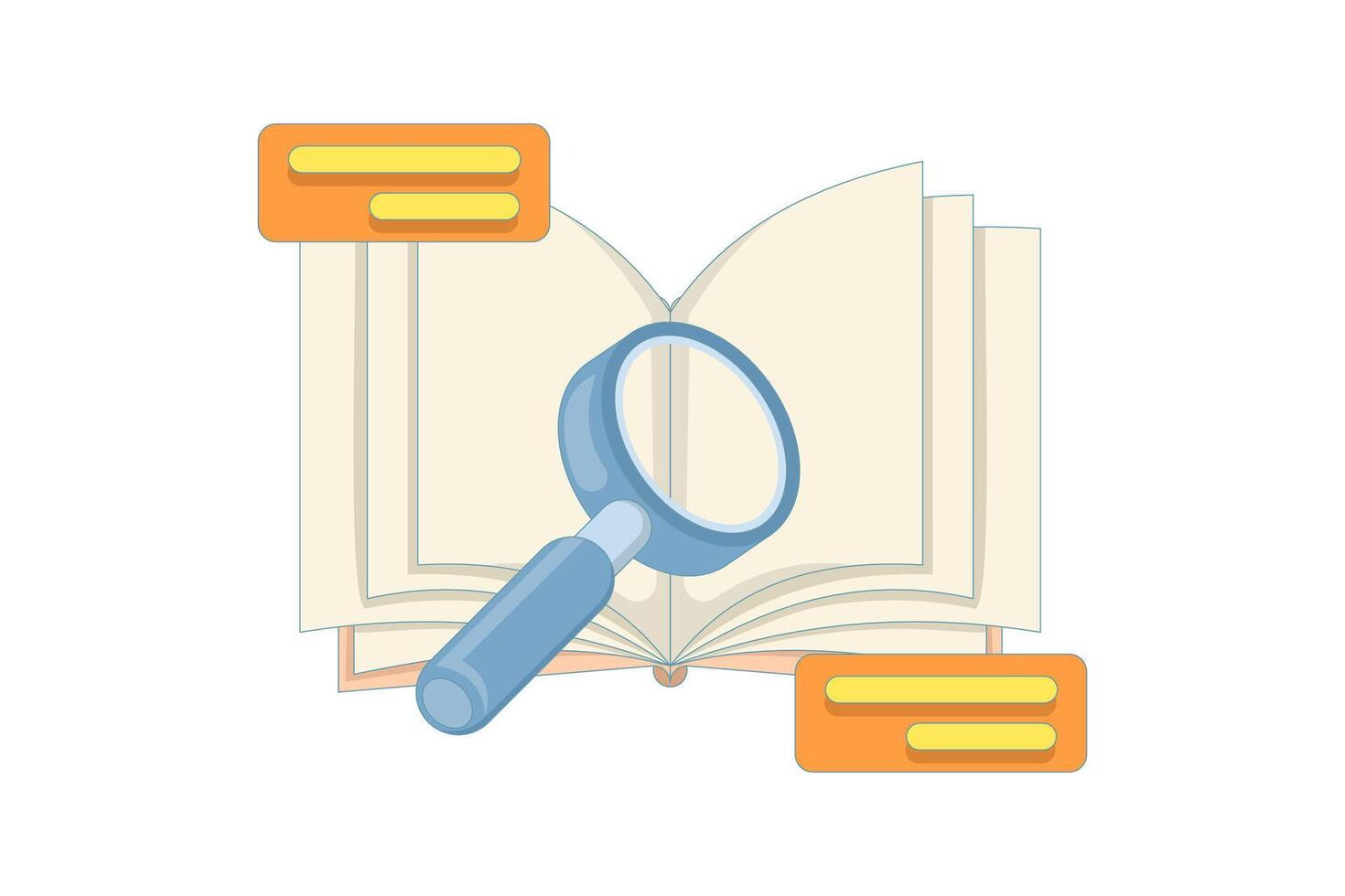 journal information search concept. journal, research paper. book, magnifying glass, message symbol. education, literature, and knowledge source. flat illustration on background. vector