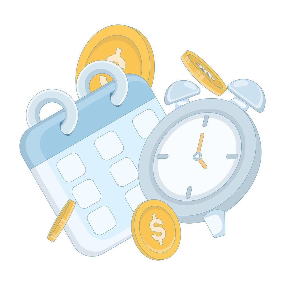 Concept of timely payment reminder for services. Calendar and alarm clock with gold coins around it. Reminder for utility payments. Timely payment planning. Reminder app. flat design. vector