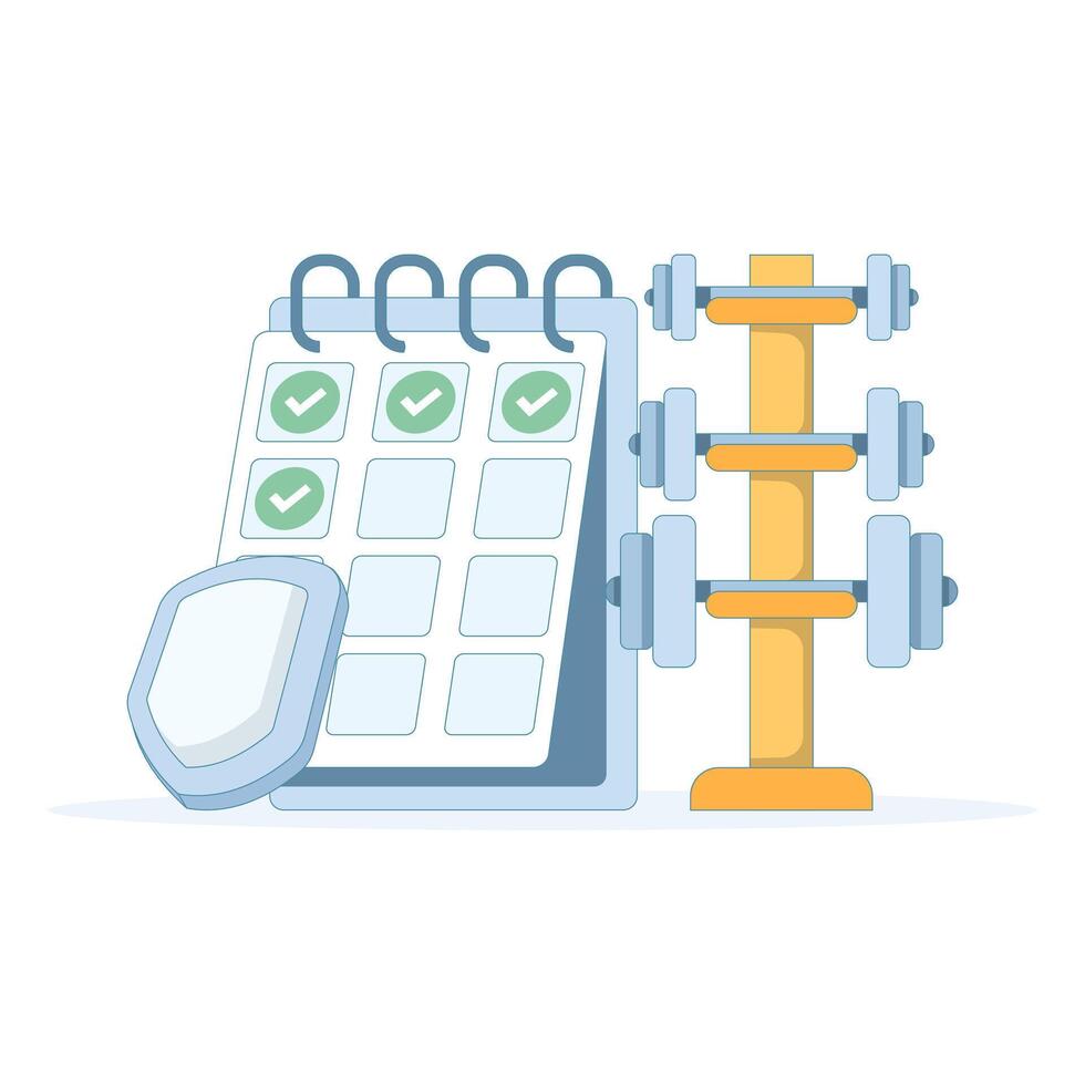 Barbells and calendars. The concept of fitness schedules, fitness and healthy eating, and the concept of health goals. Consistent training and weightlifting. Gym schedules. Consistency and lifestyle. vector