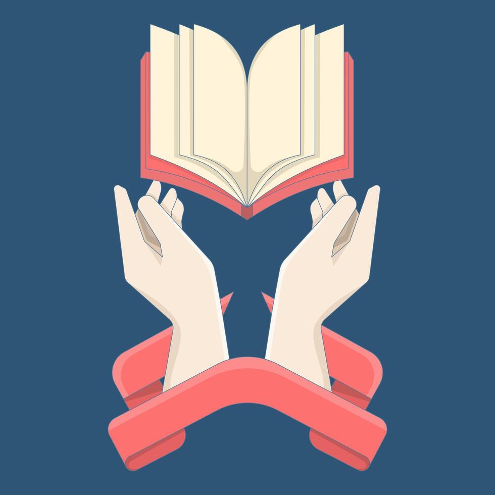 Education and knowledge concept. Happy world book day. World book day label. illustration of two hands with open book and red ribbon. flat illustration on background. vector