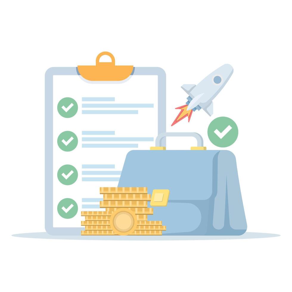 illustration symbolizing business launch, goal achievement, and financial planning. blue briefcase containing rocket, checklist, and dollar coins. growth and success in business. vector