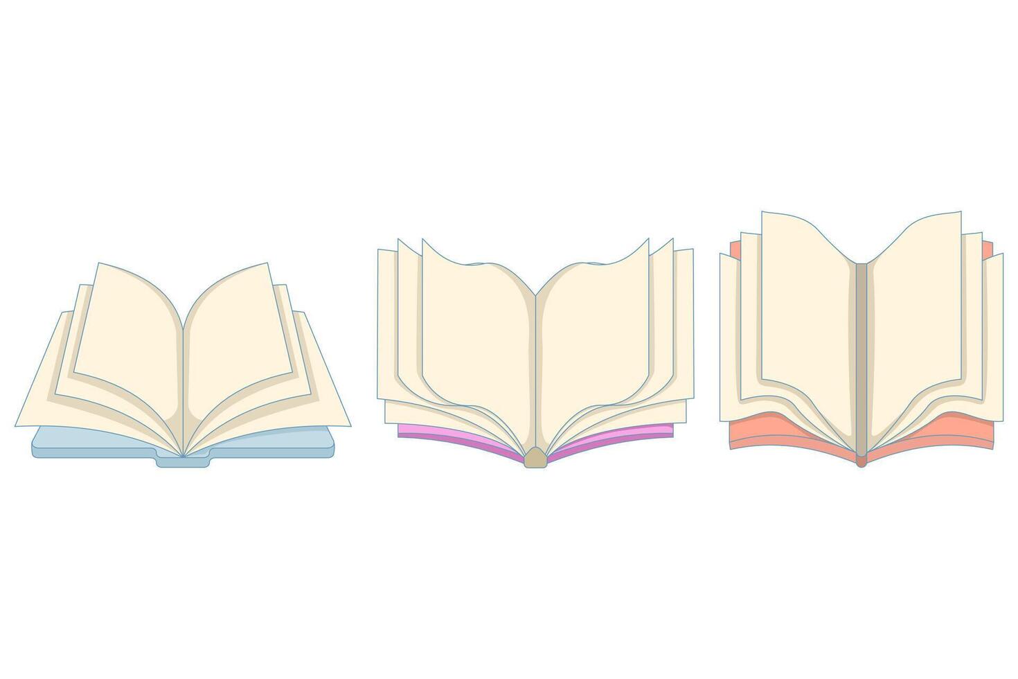 Open Book Concept. Set of open books. Colorful book covers, concept of literature study for higher education. Books for reading. Textbooks. flat set. vector