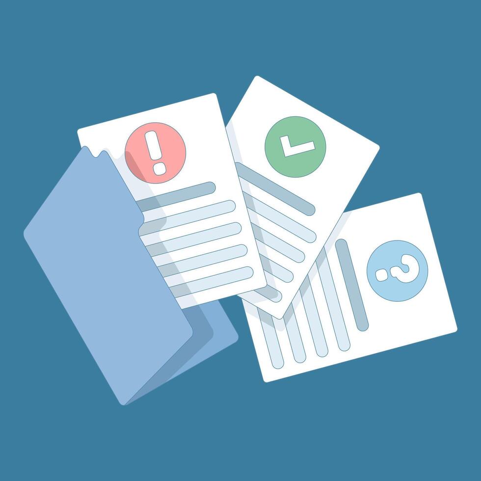 illustration about Important document with question mark, document paper file collaboration, flat graphic, question mark and exclamation mark, text content writing. vector