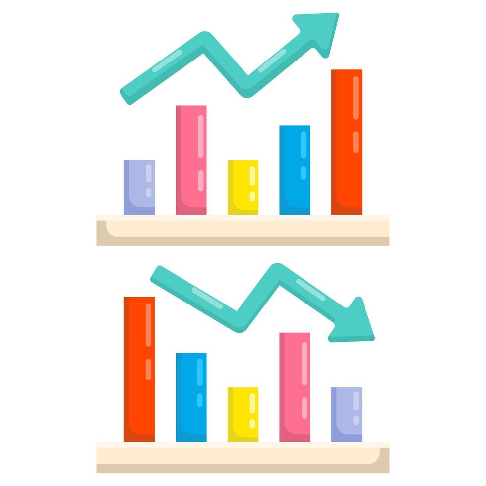 negative or positive dynamic concept. bar chart symbol with green and red arrows indicating up and down movement. Sales trend with arrows pointing up and down. Bar chart with trend. vector