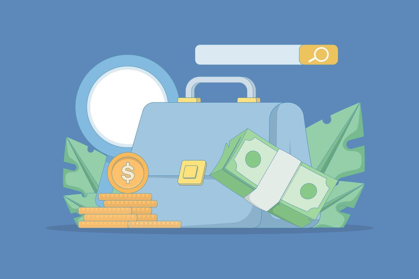 illustration looking for new job opportunities or new projects. project or job search. search site. magnifying glass, briefcase, books, equipment, and coins. flat illustration. vector
