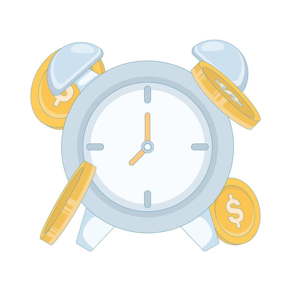 alarm clock and coin illustration in flat style. money investment concept, financial income and savings, fast money. investing money to grow. time illustration with background. vector