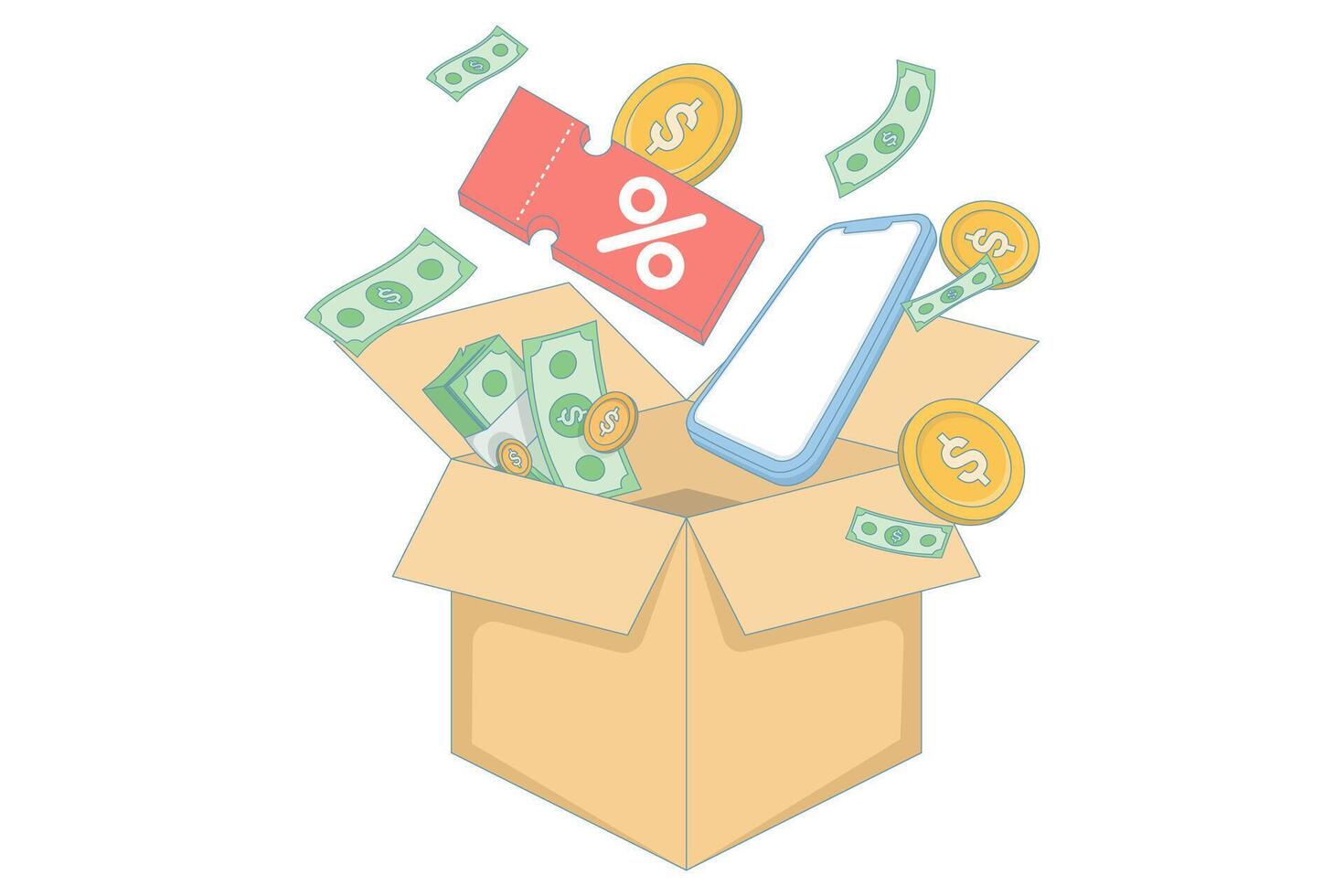 Open Gift Box Package Inside There Are Gold Coins, Piggy Bank, Mobile Phone and Floating Discount Coupon. Concept of Save Money, Online Shopping, Promotion. Flat Design Illustration. vector