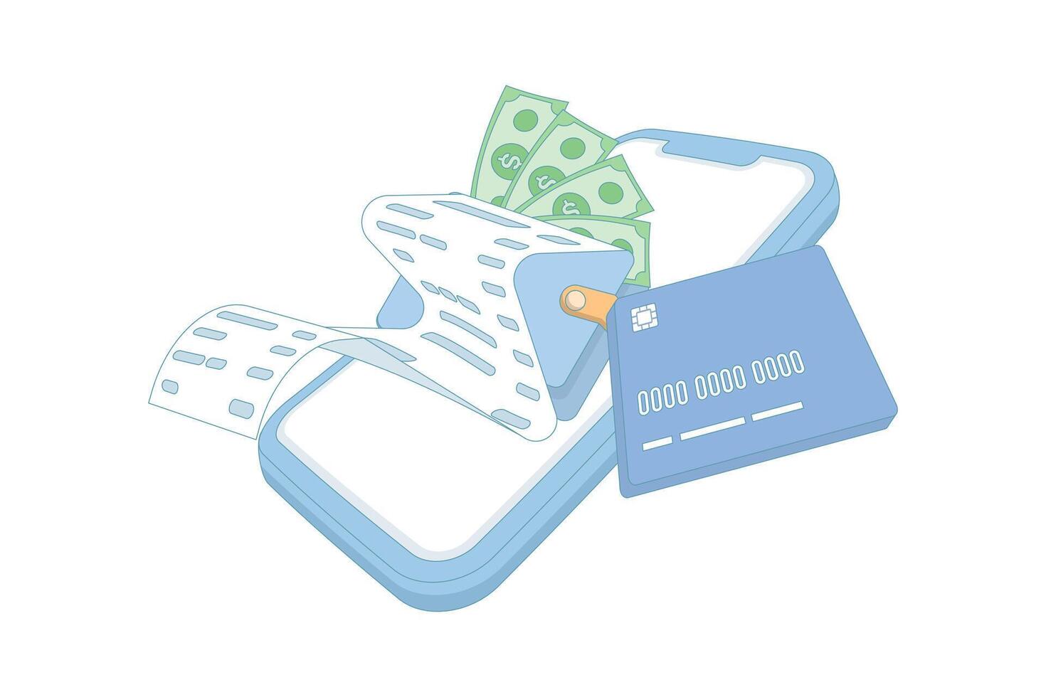 Digital Wallet concept. Mobile with Banknotes, Coins and Receipts, Digital online bill payment payment. Delivering Online Payments and Digital Transactions. flat design illustration. vector