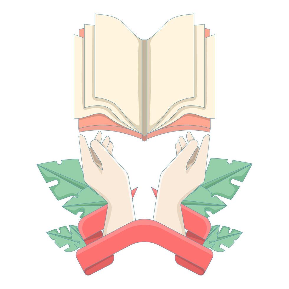 illustration Happy world book day. World book day label. illustration of two hands with open book and red ribbon. Education and knowledge concept. flat illustration on background. vector