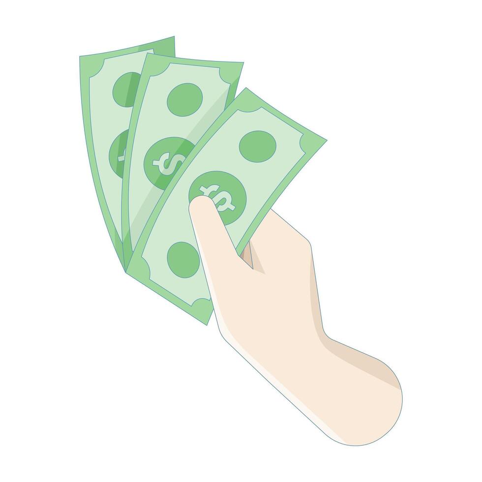 Cash holding concept. Hand holding money to pay or buy a product. Flat graphic style, ideal for financial business use. Hand highlights the importance of the transaction. vector