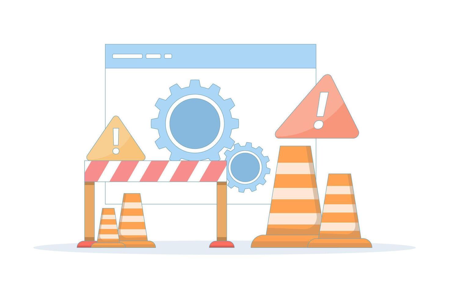Repair and maintenance concept. website maintenance, warnings and alerts. Software updates, Windows symbols, gears, traffic cones, police lines. flat design illustrations. vector