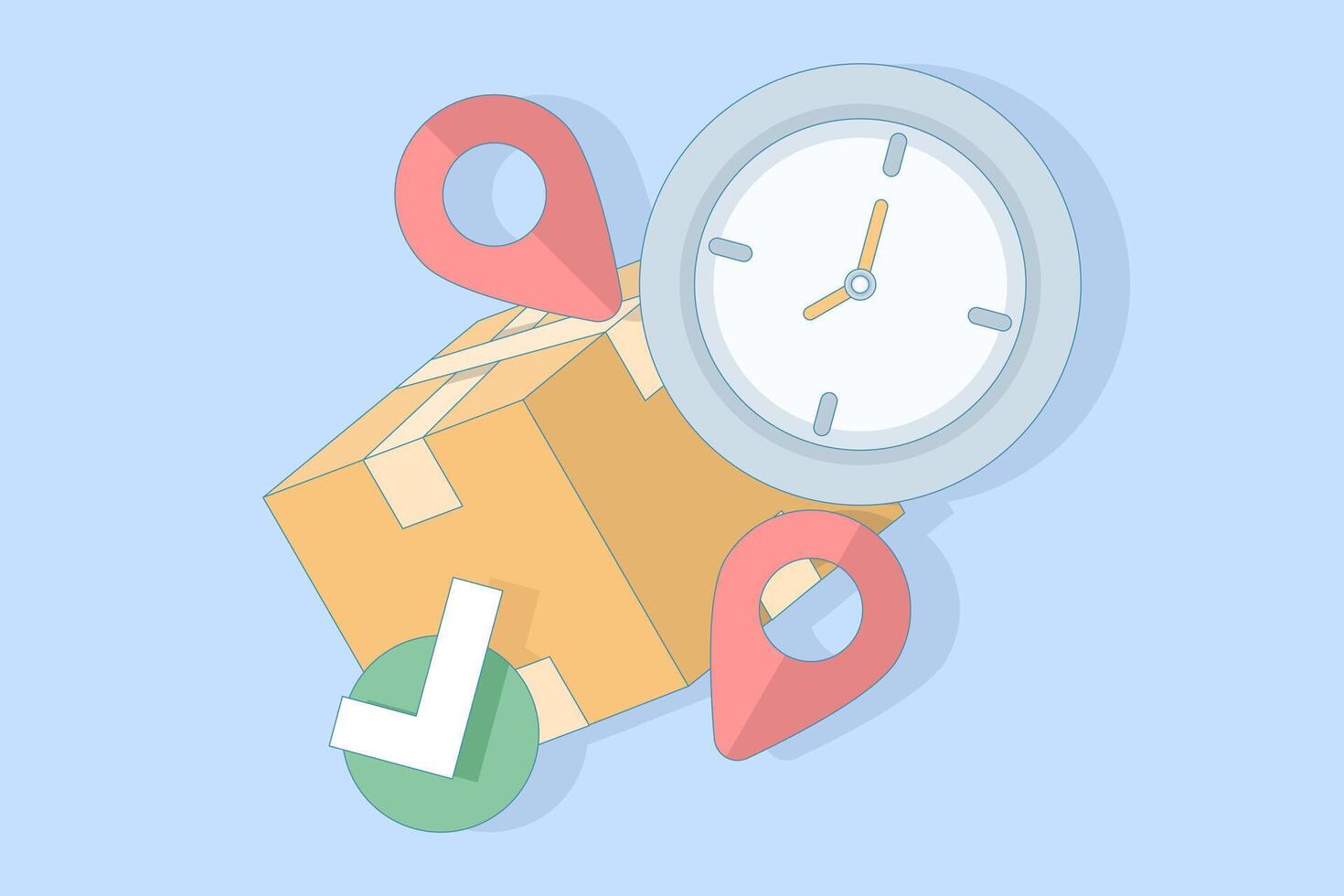 Delivery box, clock, and location markers vector