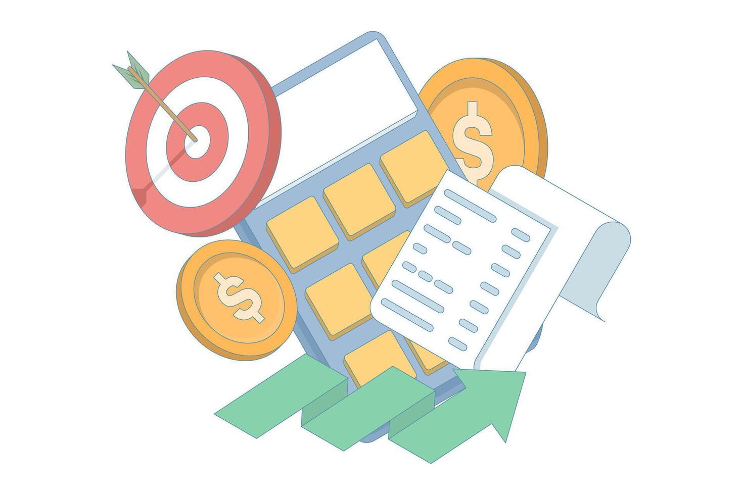 illustration of calculator, target, rising graph and gold coins, symbolizing financial goals and success. success and development. financial gain and business strategy. vector