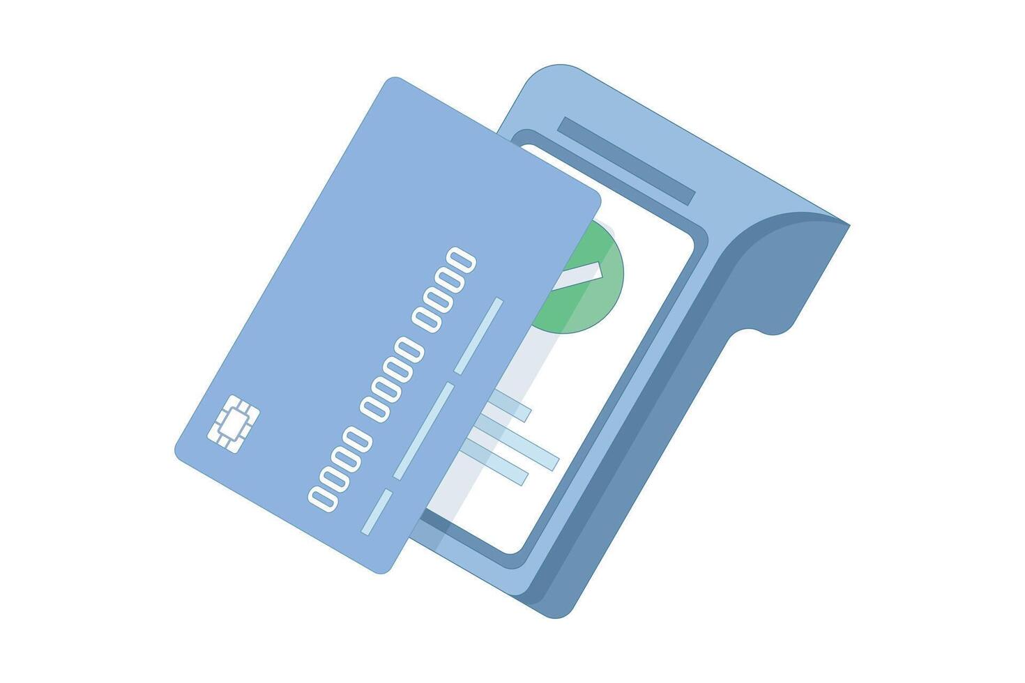 illustration of contactless payment with payment card. Banking via mobile phone blank screen via terminal. POS terminal for contactless payment. Flat design. vector