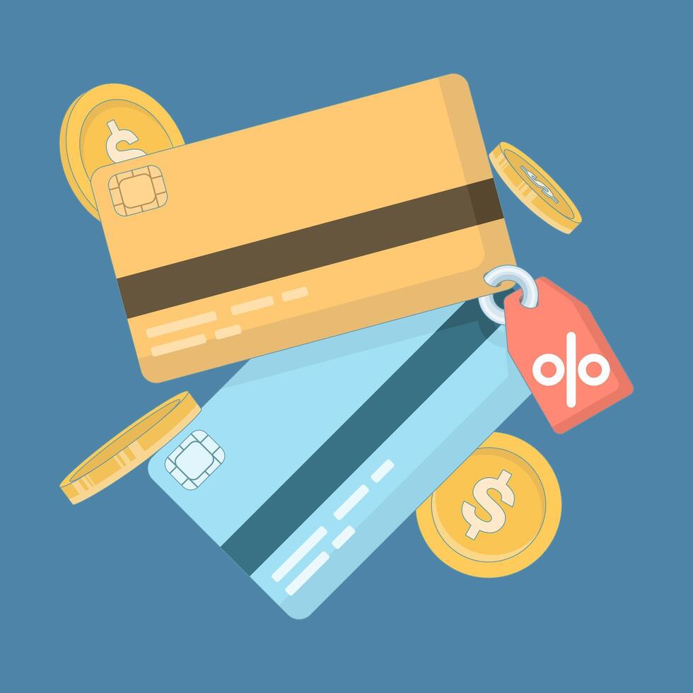 Payment card icon with dollar coin and percentage label, special offer buy pay money transfer. represents discount, due date, financial savings. illustration in cartoon style. vector