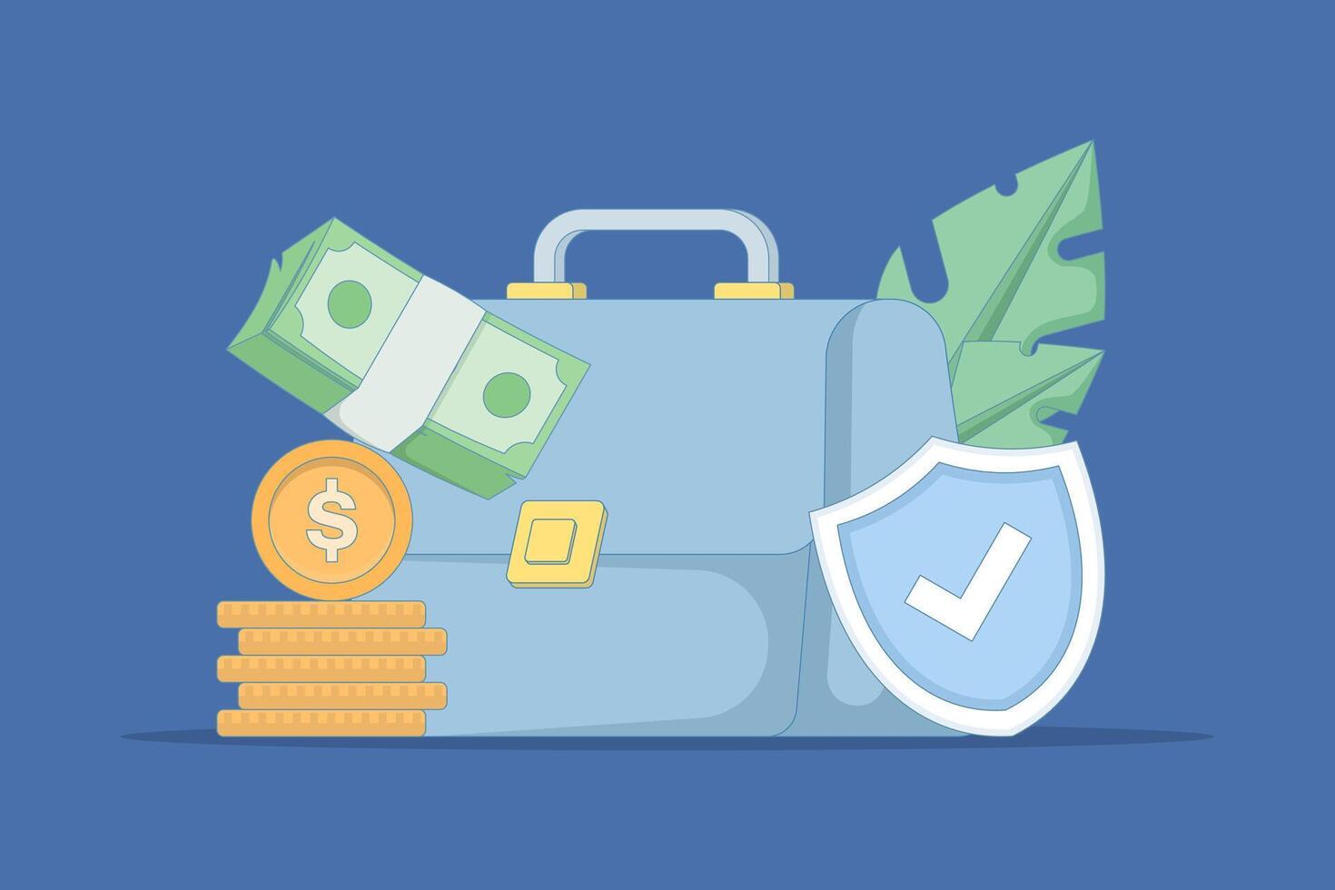 Briefcase, money, and a shield graphic vector