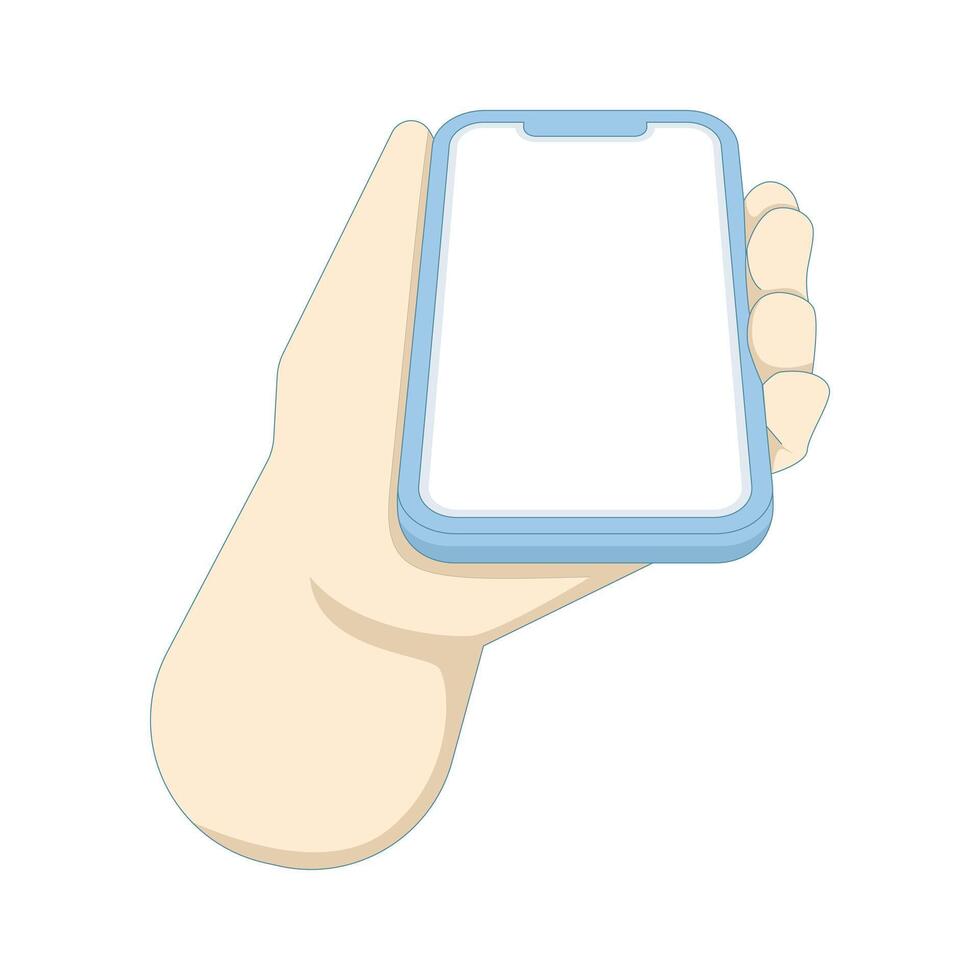 flat illustration of hand holding mobile phone, showing recommendation, advertising mobile app.Mobile phone screen in hand. blank smartphone display, flat illustration isolated on background. vector