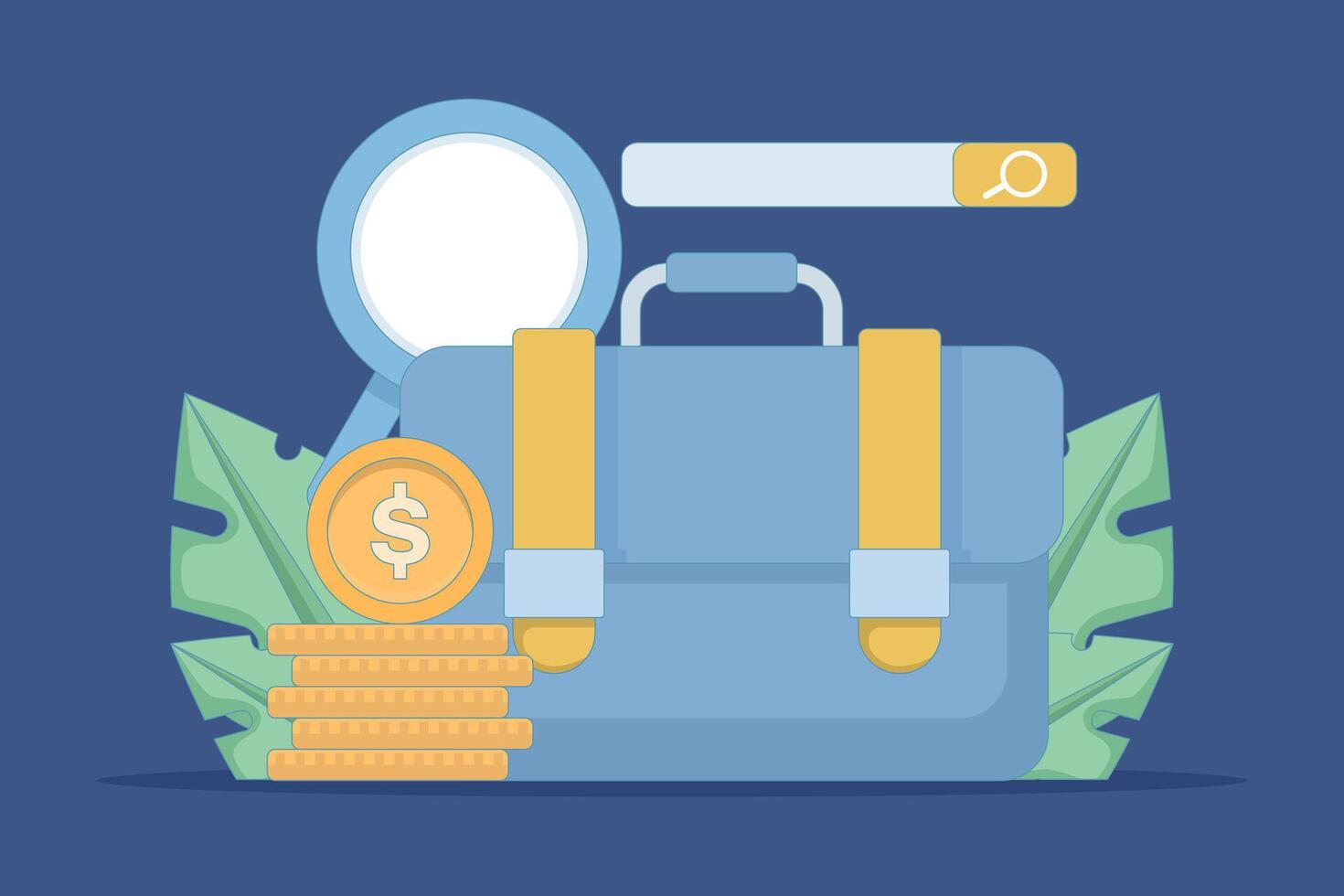project or job search concept. job search bar or project. looking for new job opportunities. search site. magnifying glass, briefcase, books, equipment, and coins. flat illustration. vector