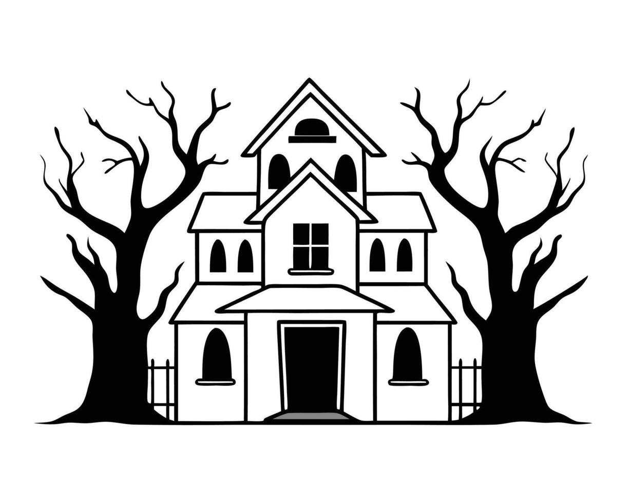 Spooky haunted house silhouette with bare trees perfect for halloween celebration designs vector