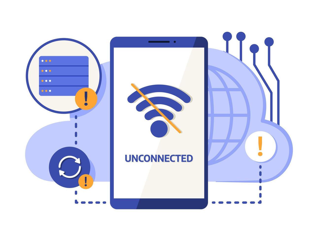 Smartphone with Notification No Wi-Fi Signal Unconnected with Cloud Computing Server for Internet and Wireless Connection Technology Concept Illustration vector