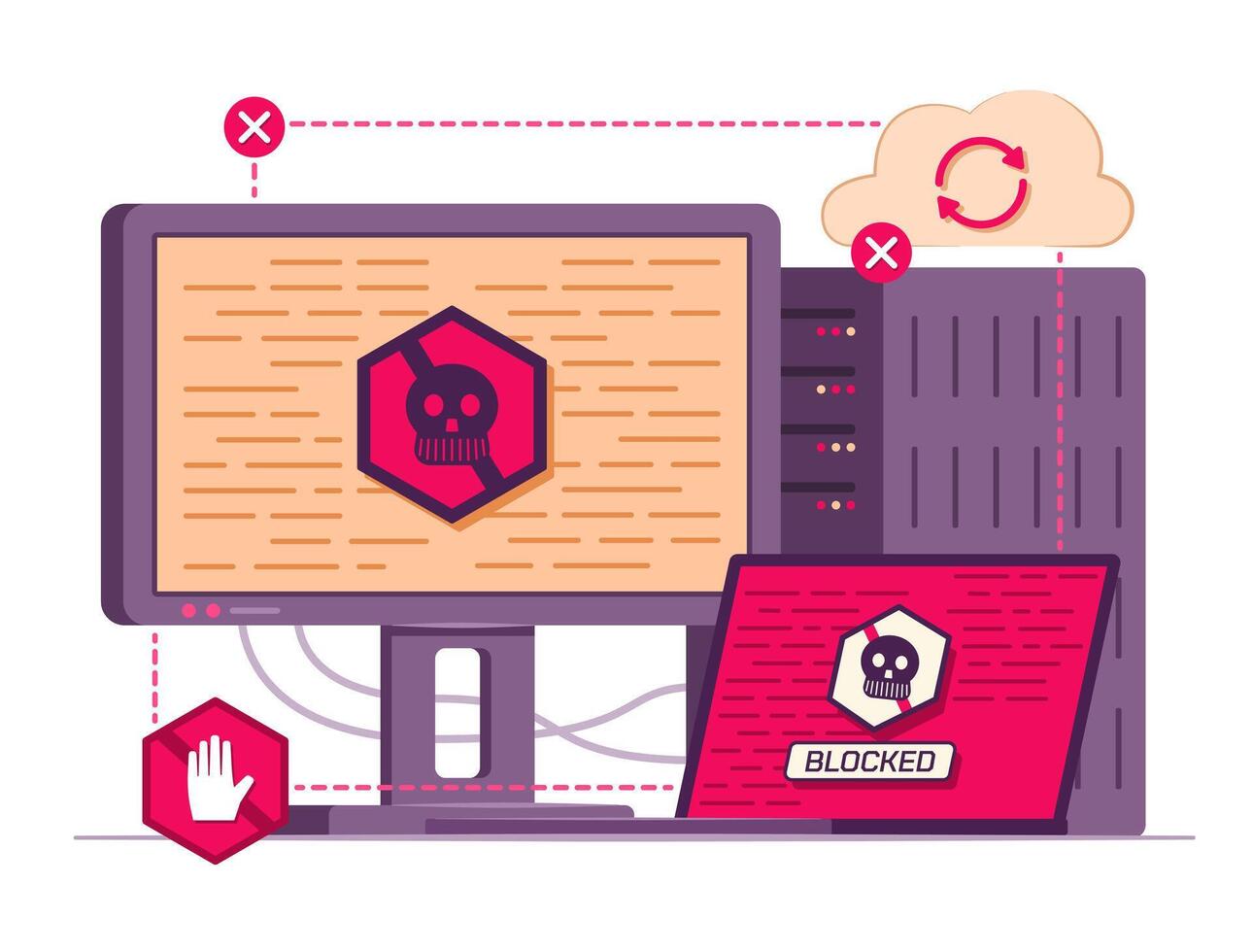 Ransomware Attack Desktop PC Computer, Laptop Computer and Cloud Server for Cyber Crime and Malware Concept Illustration vector