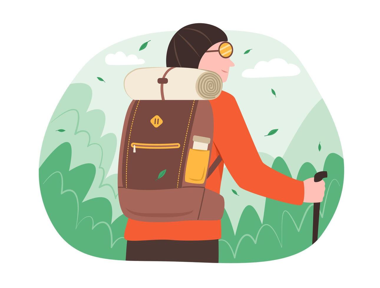 Backpacker Man Hiking in Forest for Outdoor Adventure Recreation Activity Concept Illustration vector