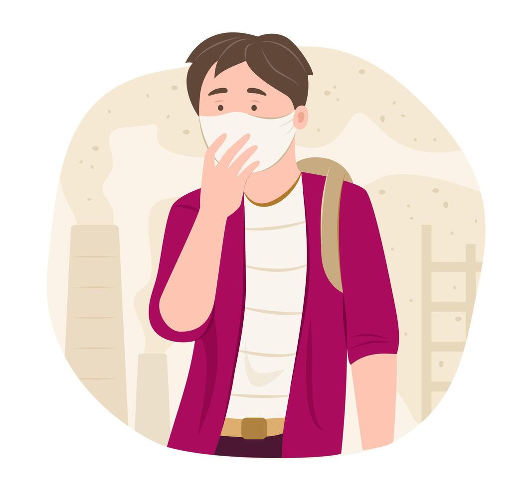 Teenage Boy wearing Face Mask for Prevent Particulate Dust and Air Pollution Concept Illustration vector