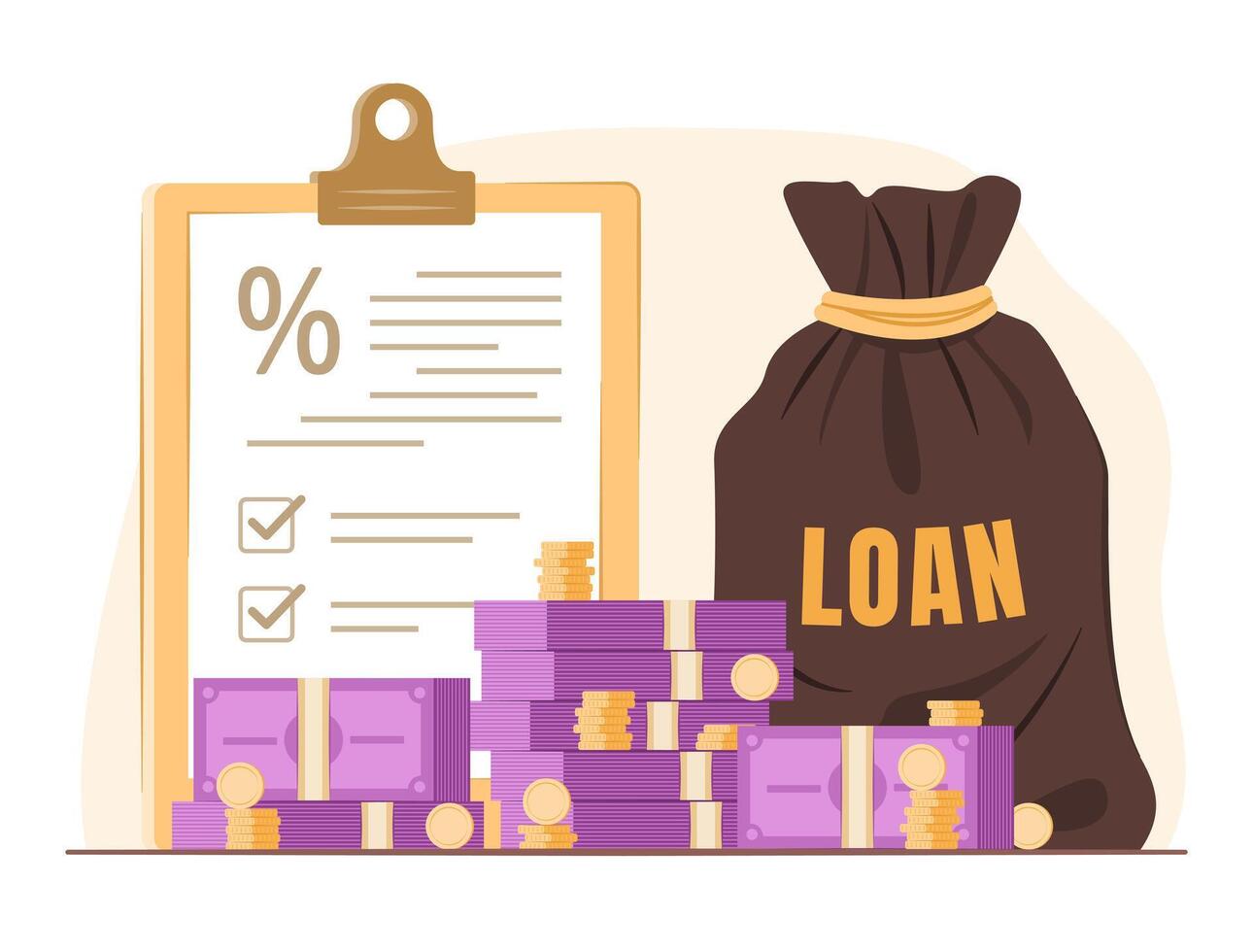 Stack of Cash Money Bundle and Money Bag with Loan Agreement Document for Bank Loan and Financial Concept Illustration vector