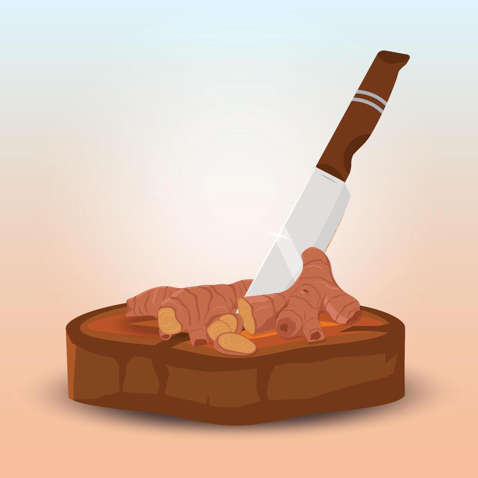 Ginger and knife on wooden coaster stock design illustration vector