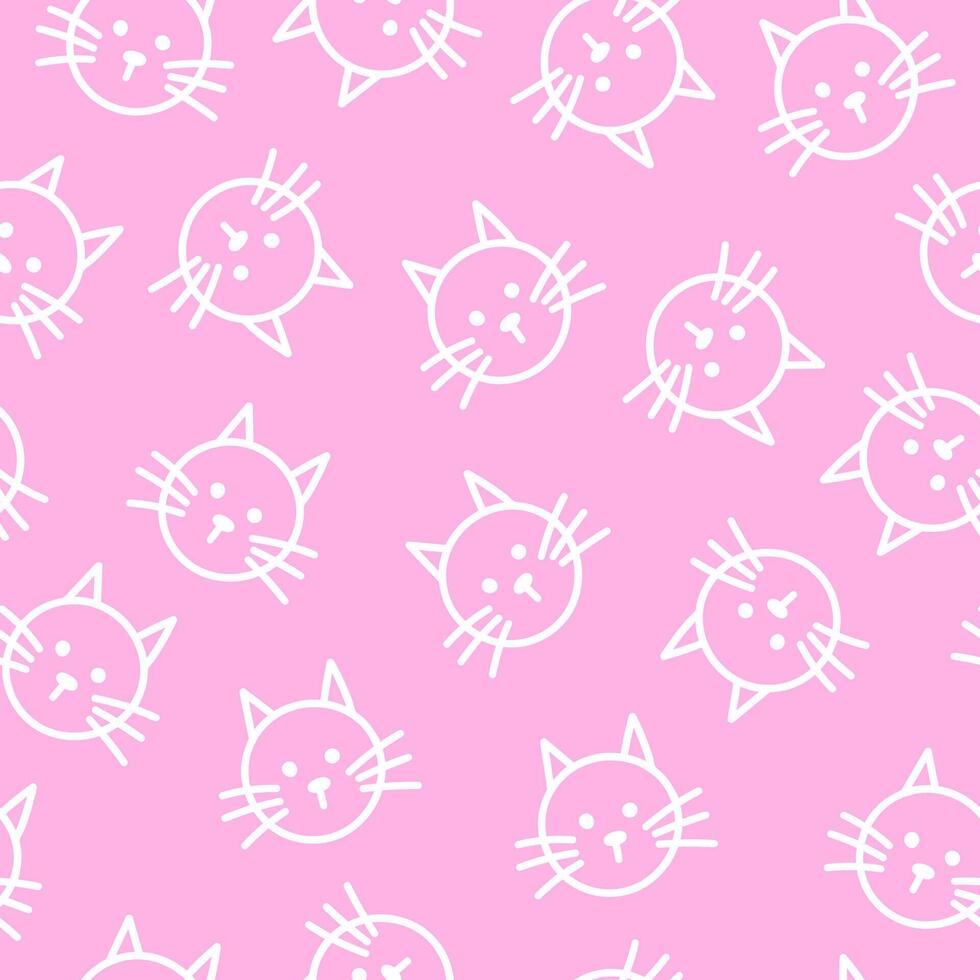Seamless pattern with cute head cats. Hand drawn fun childish print. Pink and white colors vector