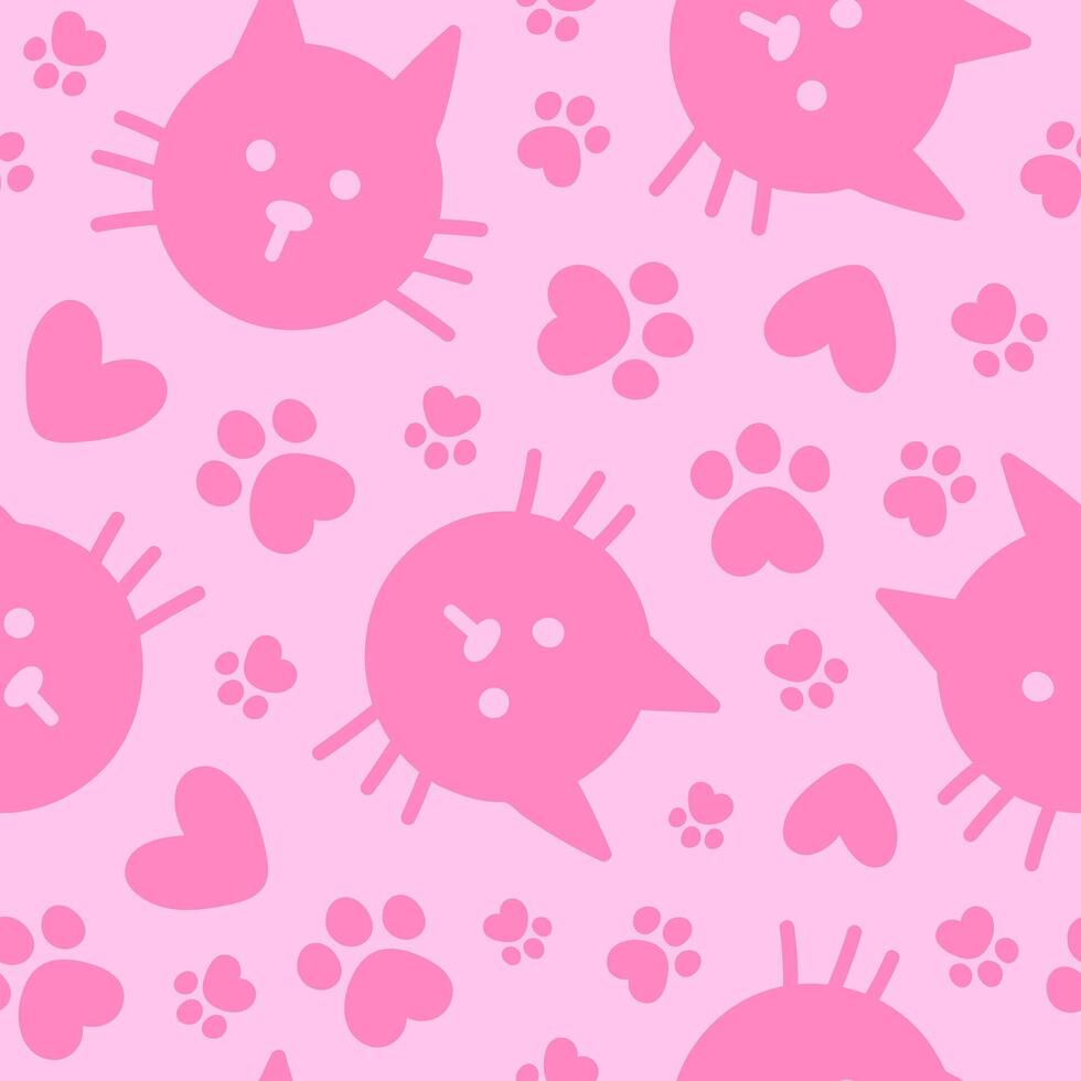 Seamless pattern with cute head and paw cats. Hand drawn fun childish print. Monochrome print. Pink colors vector