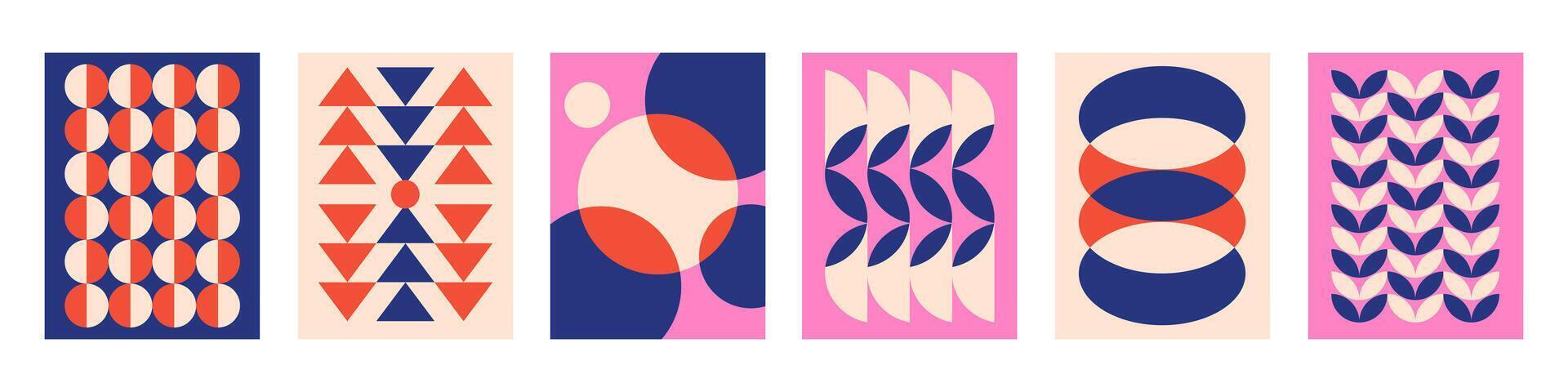 Set of Abstract vertical geometric backgrounds with colorful shapes and forms. Pink, red, beige and blue colors. Trendy illustration in style retro vector
