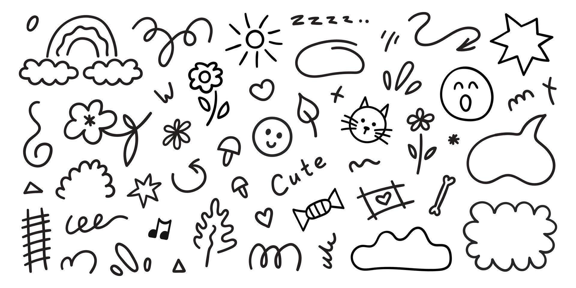 Set of cute kids elements. Hand drawn collection of scribble doodle icon. vector