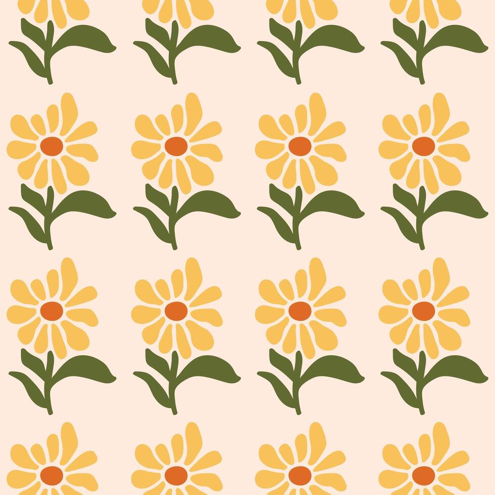 Seamless pattern with hand drawn flowers on a beige background. Cute floral minimal print. Yellow, green and beige colors vector