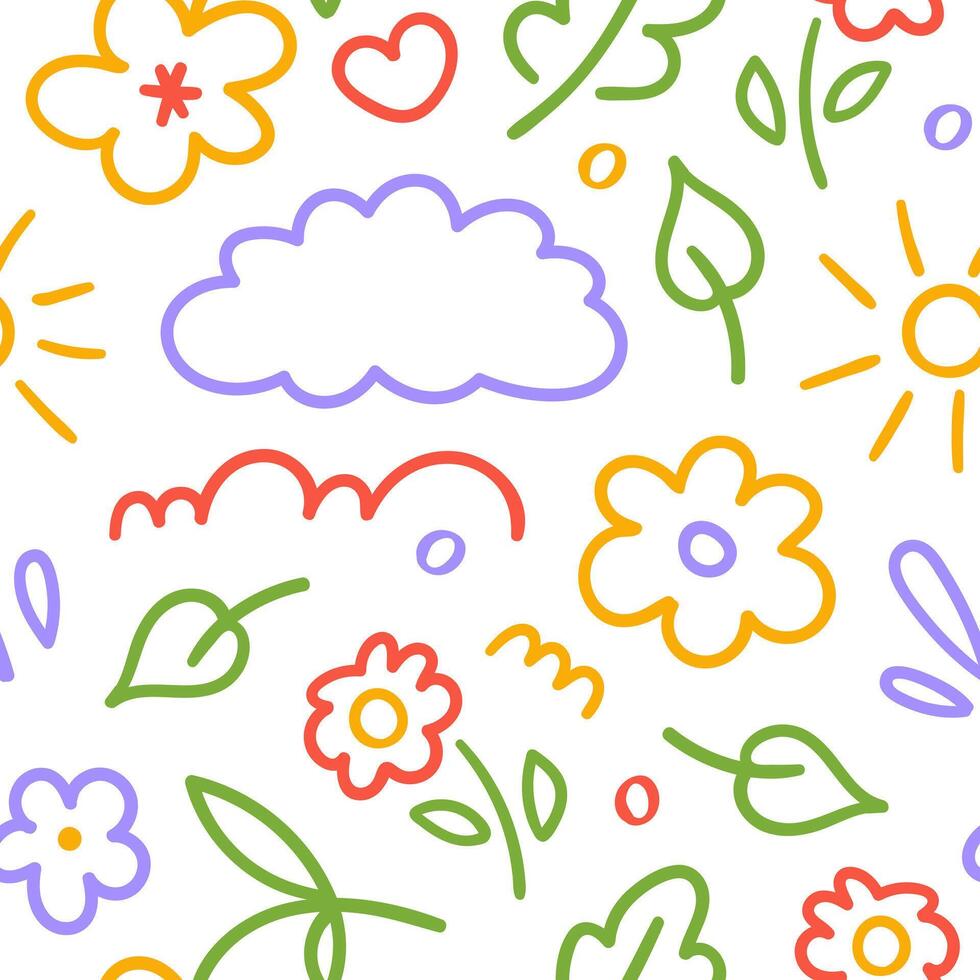 Seamless pattern of cute kids elements. Hand drawn fun childish print vector