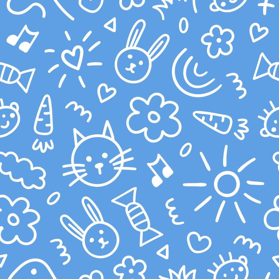 Seamless pattern of cute kids elements. Hand drawn fun childish print. Blue and white colors vector