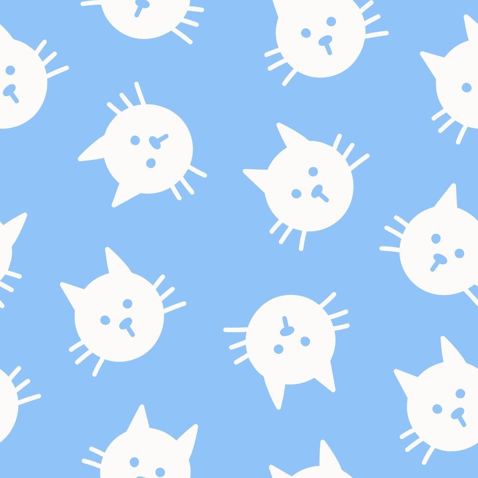 Seamless pattern with cute head cats. Hand drawn fun childish print. Blue and white colors. vector