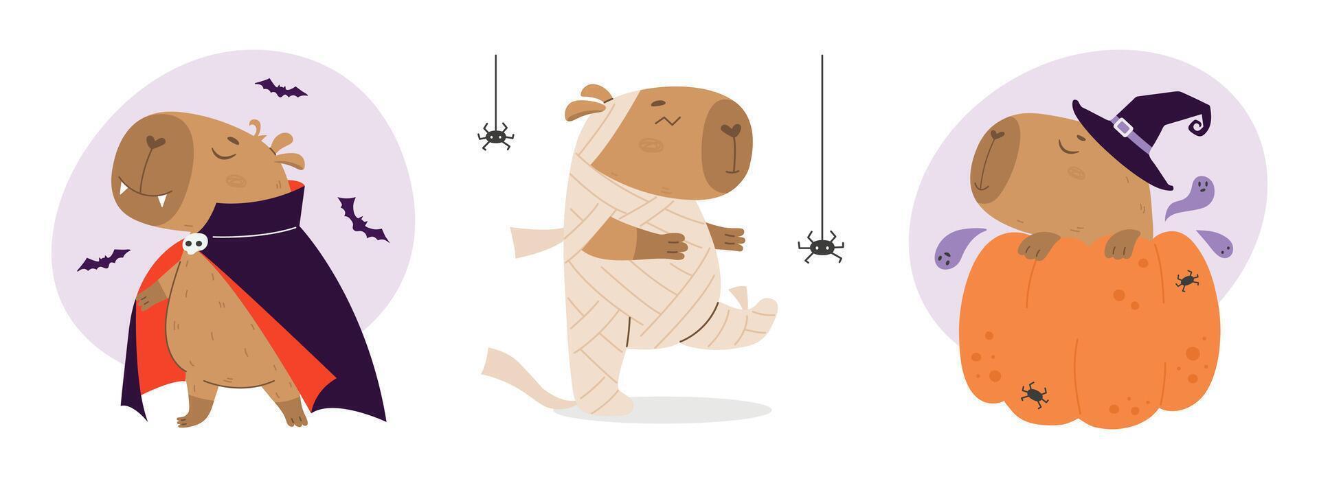 Cute halloween capybaras set in different costumes vector