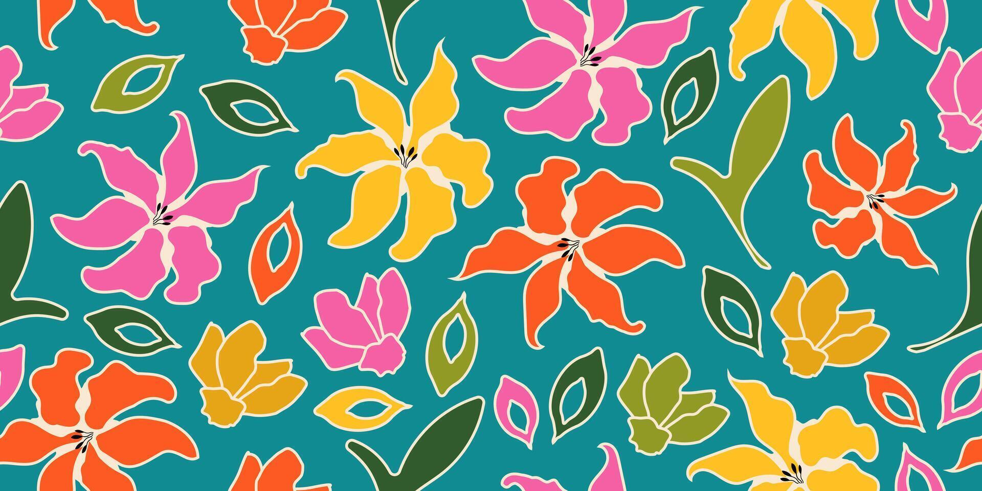 Batik hand drawn colorful flowers, seamless patterns with floral for fabric, textiles, clothing, wallpaper, wall art, cover, banner, home decor, abstract backgrounds. vector