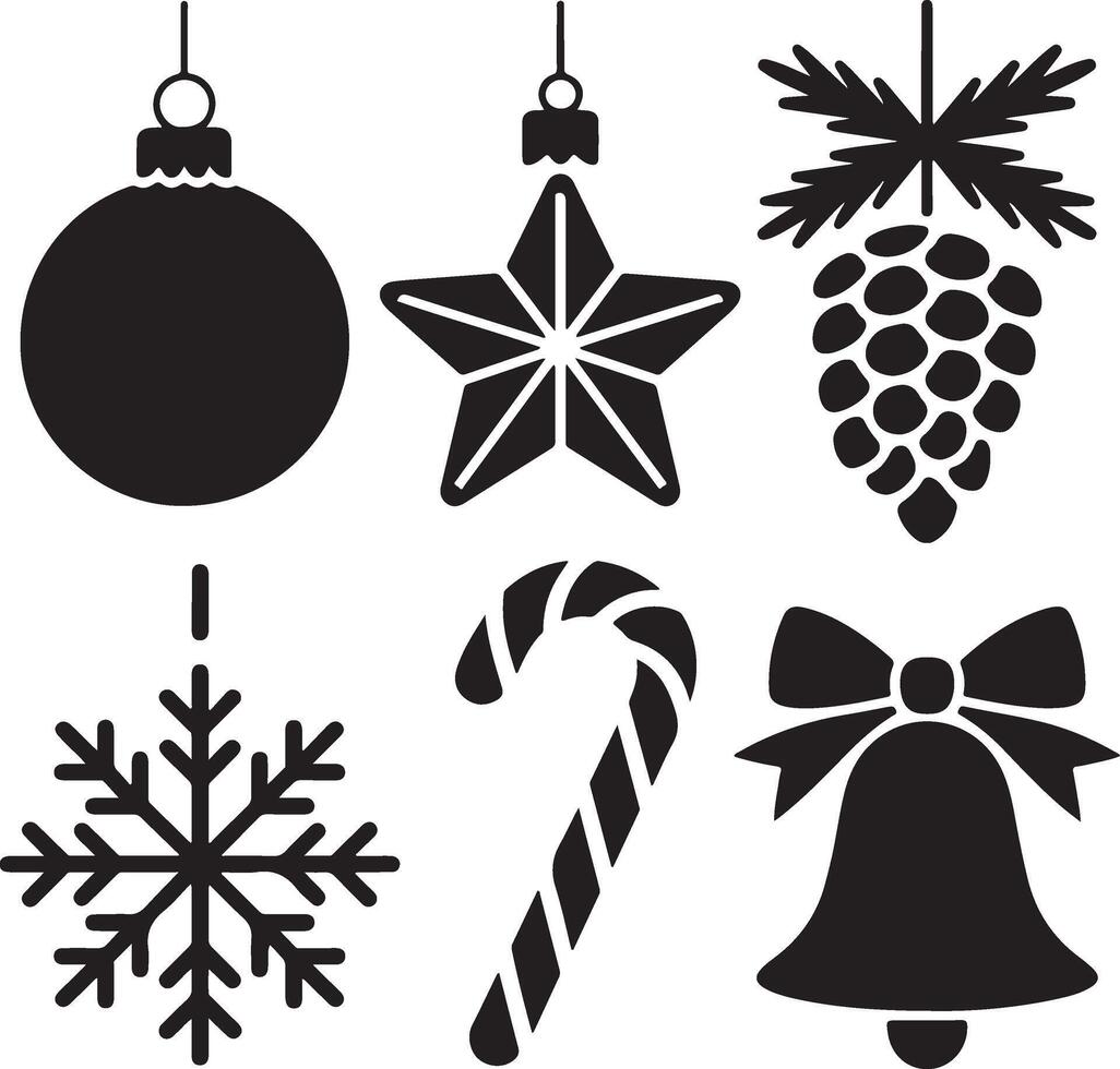 Black Christmas Ornaments Star Snowflake Candy Cane Bell Pinecone Illustration vector
