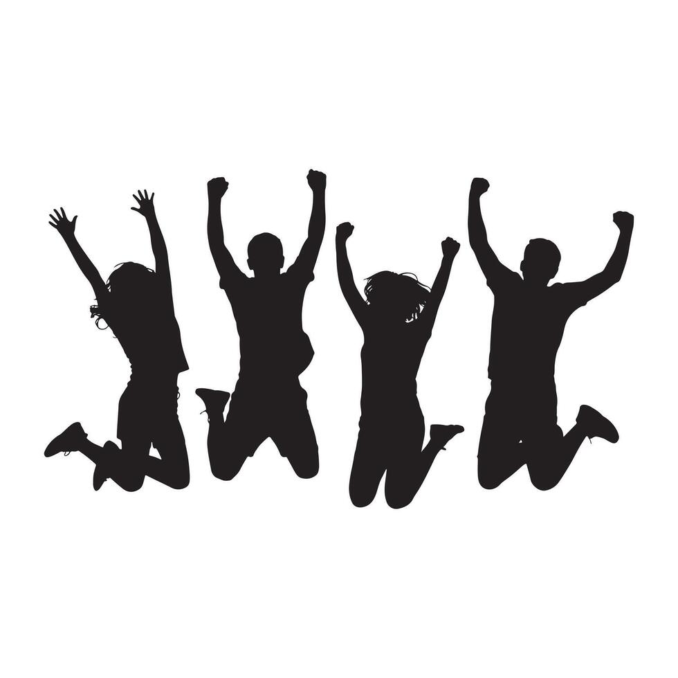 Silhouettes of Four People Jumping Upwards with Arms Raised vector