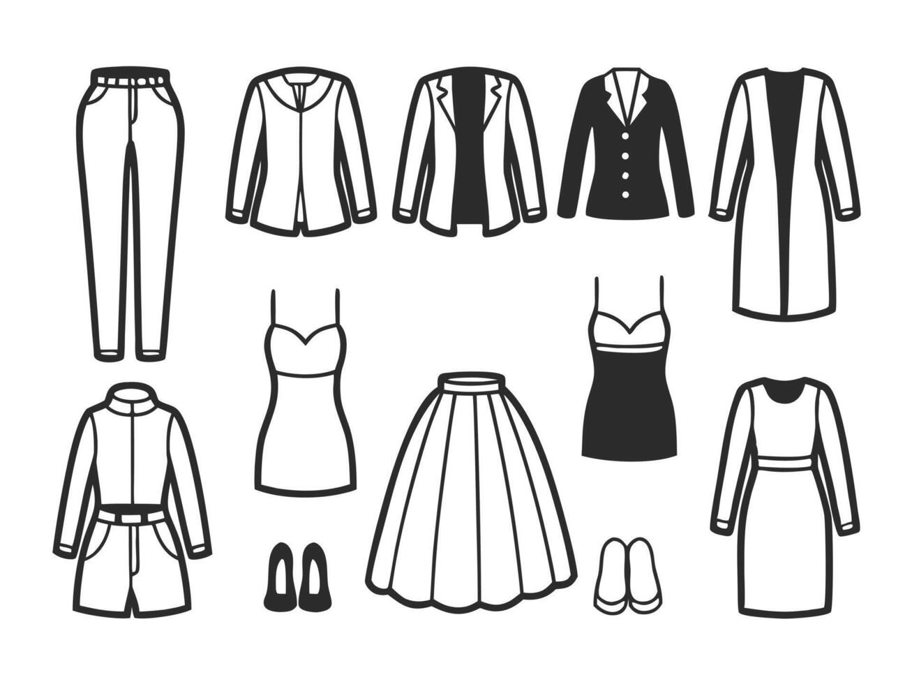 A simple collection of women's clothing outfits in black and white illustrations for fashion projects vector