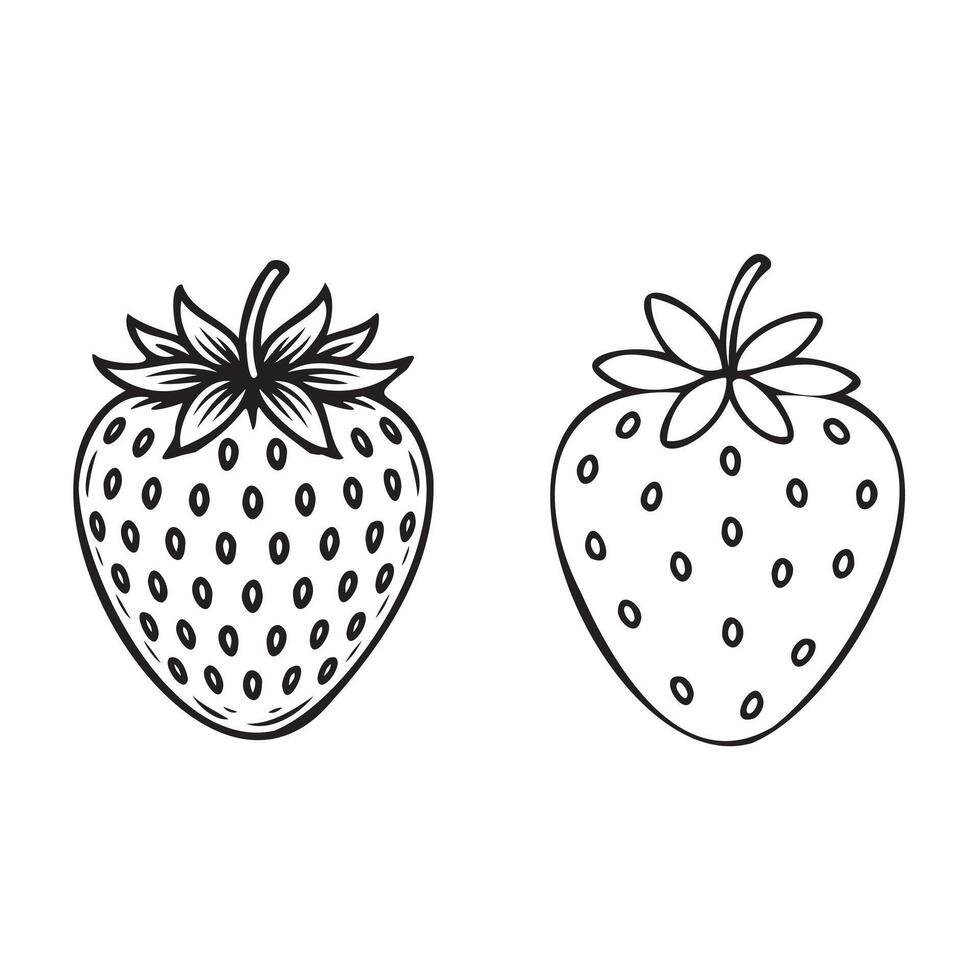 Two Black and White Strawberry Outlines with Detailed and Simplified Designs vector